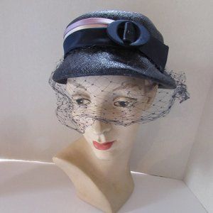 SALE Mid century Vintage Hat in Navy Blue with Striped Satin Band & Buckle